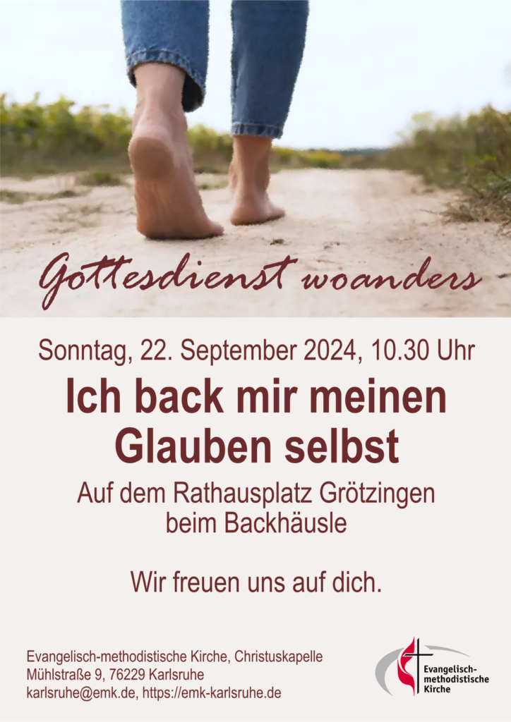 Füße gehen barfuß auf einem sandigen Weg. Darunter Text: Gottesdienst woanders - Ich back mir meinen Glauben selbst